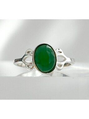 Green Chalcedony Gemstone Openwork Sterling Silver 925 Vintage Ring - sz 5.5